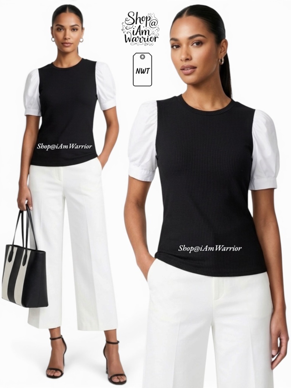 Laundry NWT black & white ribbed puff sleeve top *shop@iamwarrior